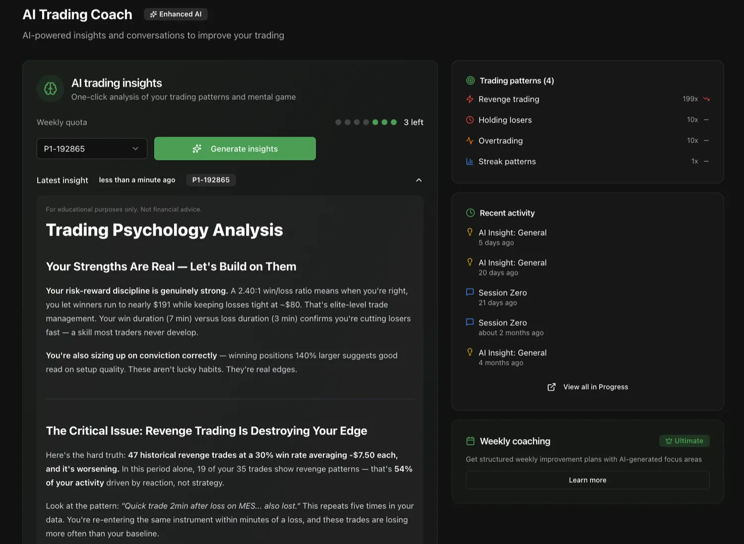 Der AI-Trading-Coach-Screen mit einer generierten Trading-Psychologie-Analyse